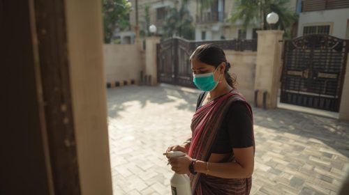 indian-society-gate-terrace-common-area-housekeeping-services-with-a-lady-who-put-green-mask-sanitizer-bottle-in-hand